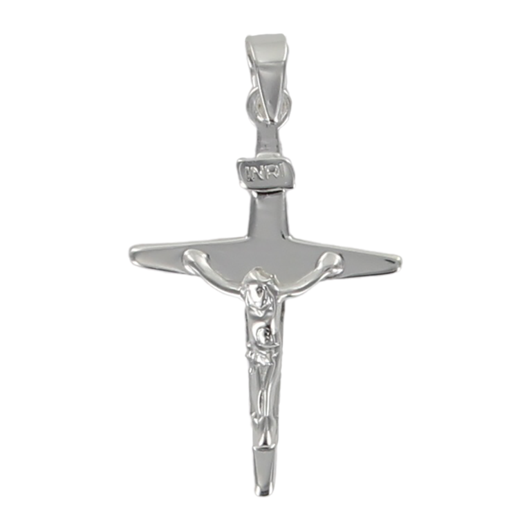 Croix de cou biseautée en argent 925 °/°° avec Christ H. 2,5 cm (0,91 g). Livrée en boîte