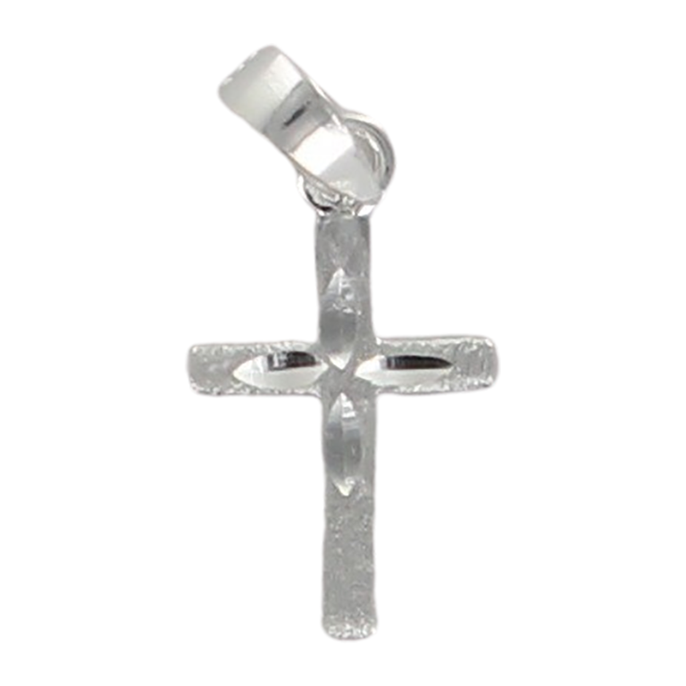 Croix de cou sablée en argent 925 °/°°  H. 1,5 cm (0,30 g). Livrée en boîte