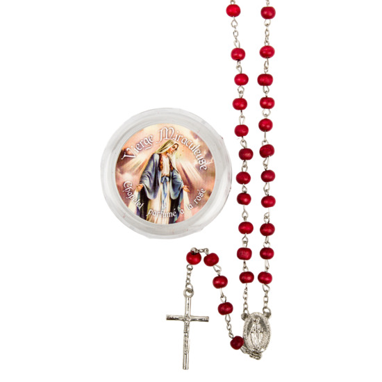 Chapelet grains en bois de rose, Ø 7 mm, chaîne couleur argentée,  longueur au cœur 27 cm, croix avec Christ plus boîte.