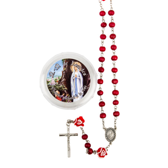 Chapelet en bois de rose paters forme rose, Ø 7 mm, chaîne couleur argentée, longueur au cœur 27 cm, croix avec Christ+boîte.