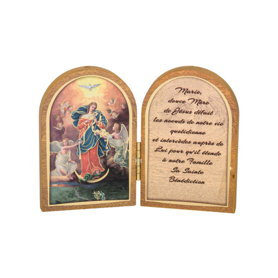 Diptyque bois 6x9cm redorée à la feuille d´or image Saint + prière Marie qui défait les noeuds