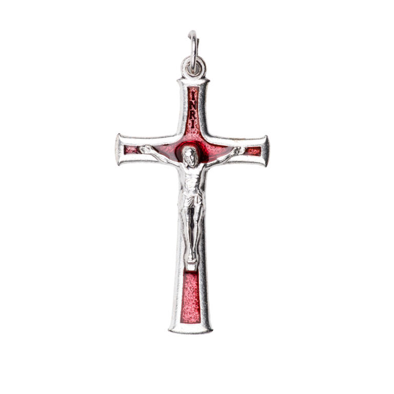 Croix de cou en métal couleur argentée émaillé avec Christ H. 4 cm.
