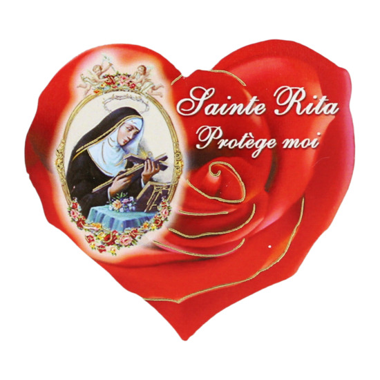 Magnet H. 6 cm en bois forme coeur image collée de sainte Rita.