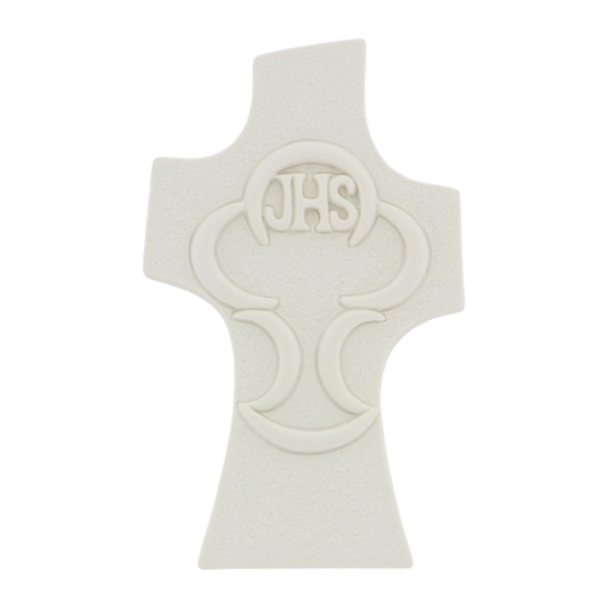 Croix moderne en résine style Albâtre, à poser H. 9 cm, de la communion calice JHS.