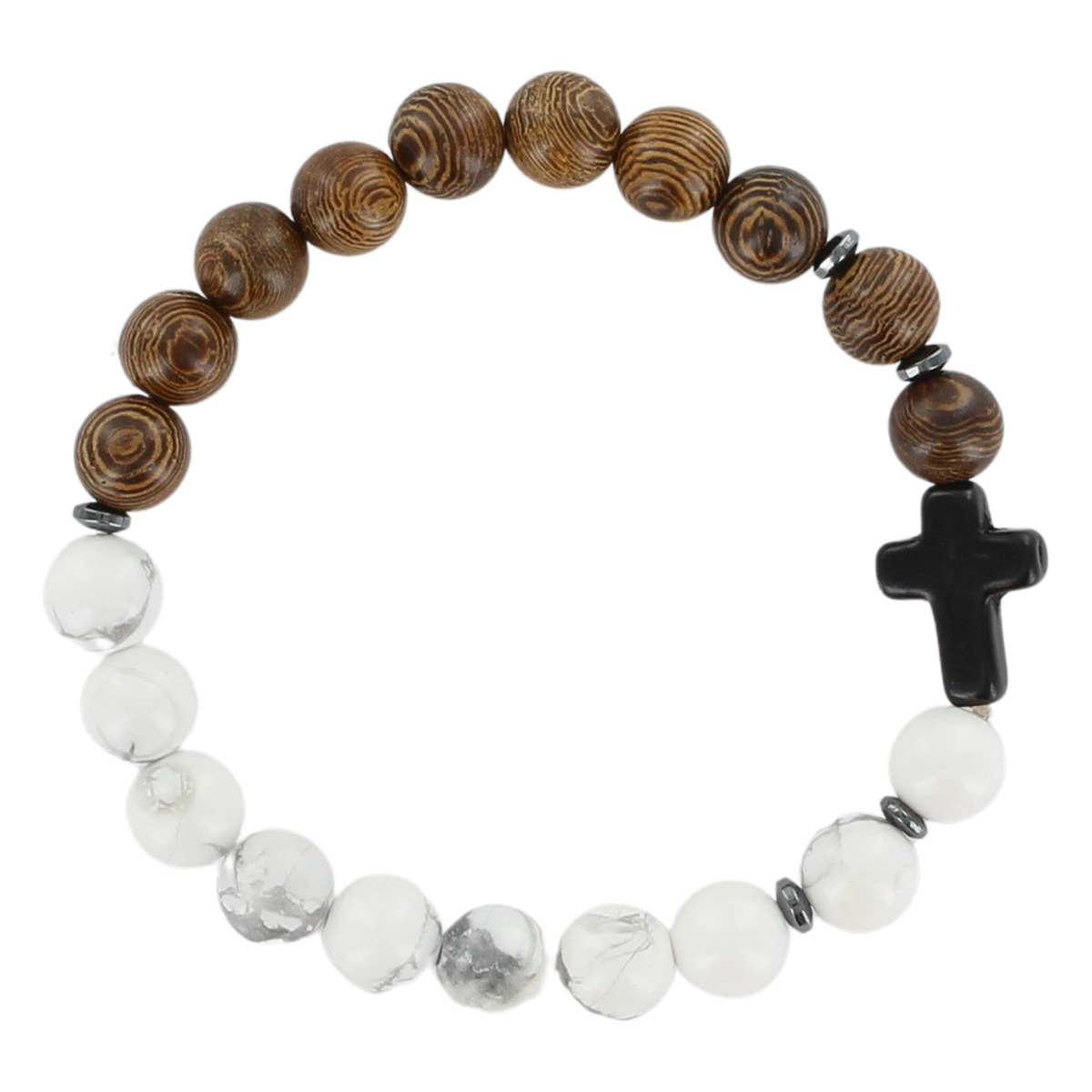 Bracelet sur élastique grains bois et pierre assortie Ø 8 mm avec croix, LOT de 5 assortis