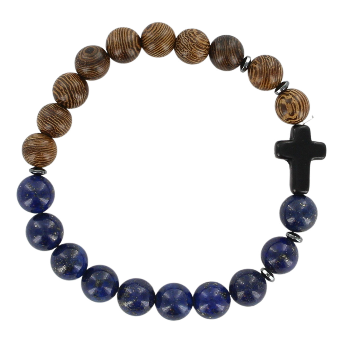 Bracelet sur élastique grains bois et pierre assortie Ø 8 mm avec croix, LOT de 5 assortis