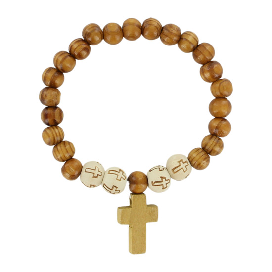 Bracelet sur élastique grains en bois et grains imprimés avec croix Ø 8 mm avec croix bois.