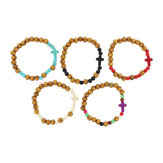 Bracelet sur élastique grains en bois et pierres synthètiques assorties Ø 6 mm avec croix - LOT DE 5 ASSORTIS