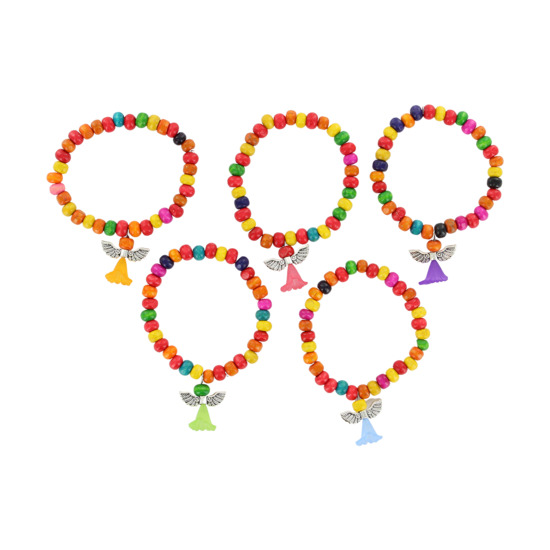 Bracelet sur élastique pour enfant, grains bois couleurs assorties Ø 6 mm avec médaille petit ange - LOT DE 5 ASSORTIS