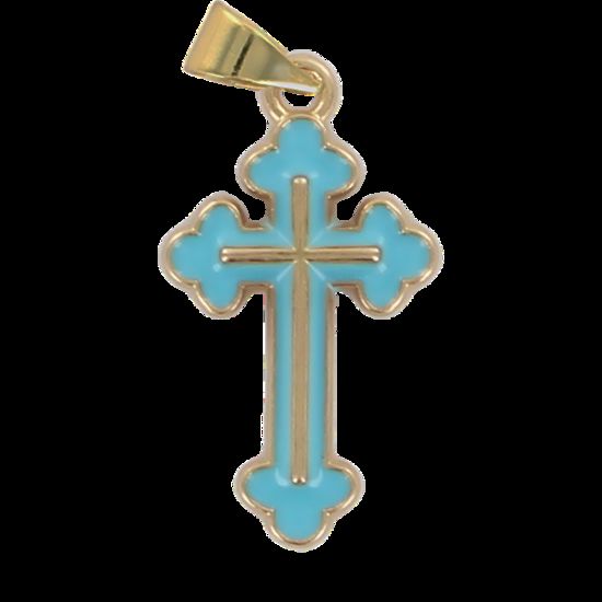 Croix de cou orthodoxe en métal couleur dorée émaillé H. 2,5 cm.