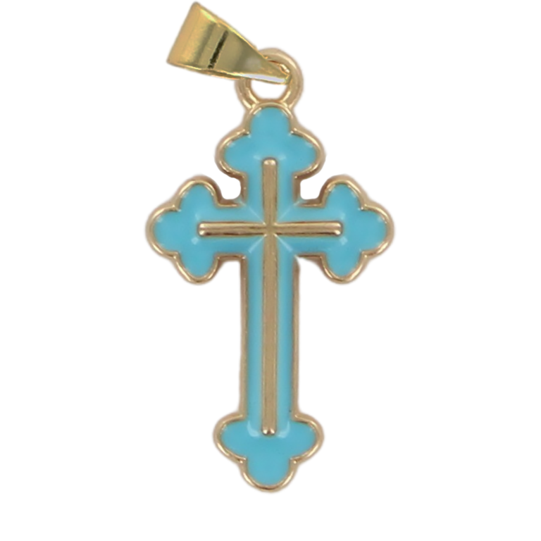 Croix de cou orthodoxe en métal couleur dorée émaillé H. 2,5 cm.