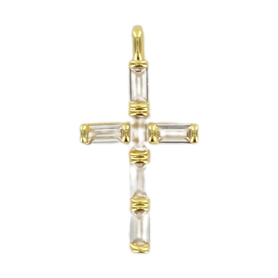 Croix de cou en métal couleur dorée forme bâton avec zirconium serti H. 2,3 cm.