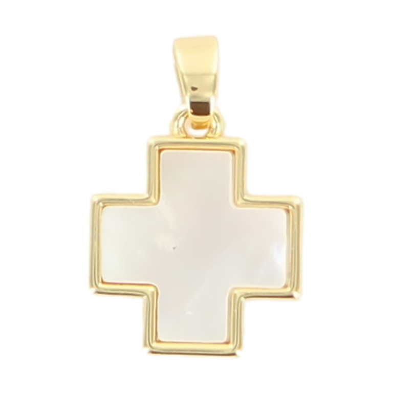 Croix de cou carrée en nacre sur support métal couleur dorée  H. 1,6 cm.