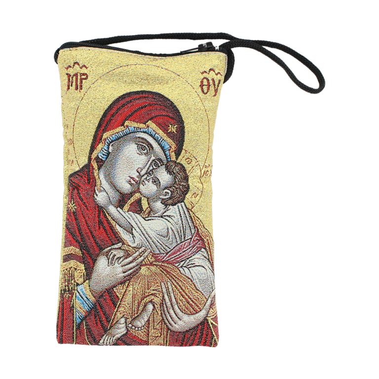 Porte-lunette / téléphone en tissus, brodé de fil d’or Vierge enfant H.17 x 9 cm avec cordon.