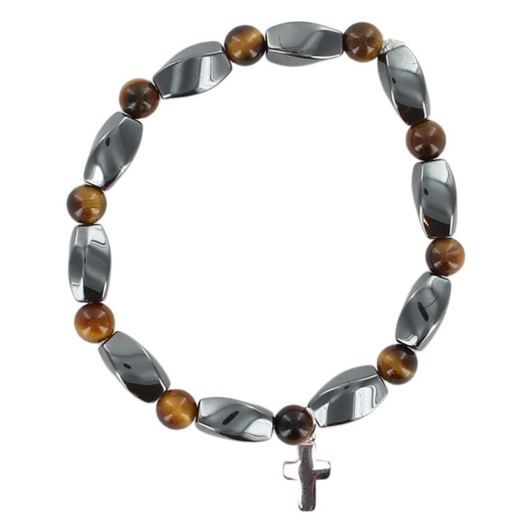 Bracelet dizainier sur élastique grains en pierre oeil de tigre et hématite synthétique Ø 6 mm avec croix métal.
