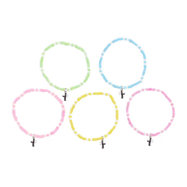 Bracelet sur élastique pour enfant, grains verre couleurs assorties Ø 2 mm avec croix métal - LOT DE 5 ASSORTIS