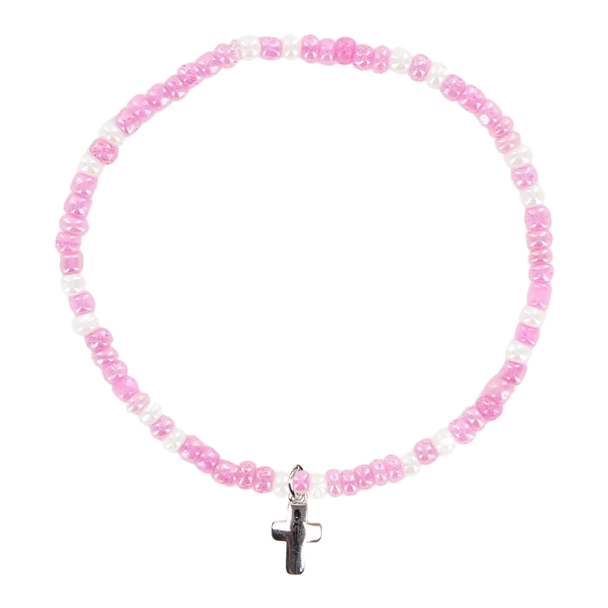 Bracelet sur élastique pour enfant, grains verre couleurs assorties Ø 2 mm avec croix métal - LOT DE 5 ASSORTIS