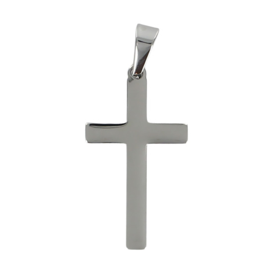 Croix de cou couleur argentée en acier inoxydable H. 4 cm.