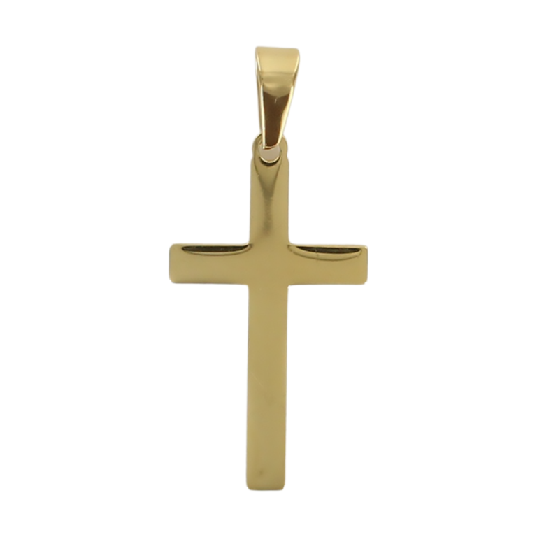 Croix de cou couleur dorée en acier inoxydable H. 4 cm.