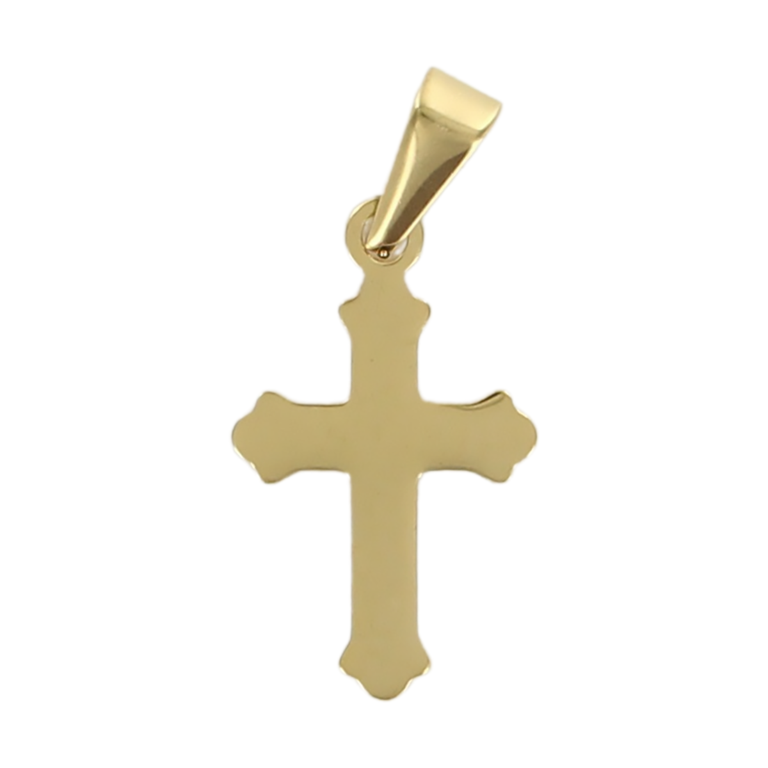 Croix de cou arrondie couleur dorée en acier inoxydable H. 2,4 cm.