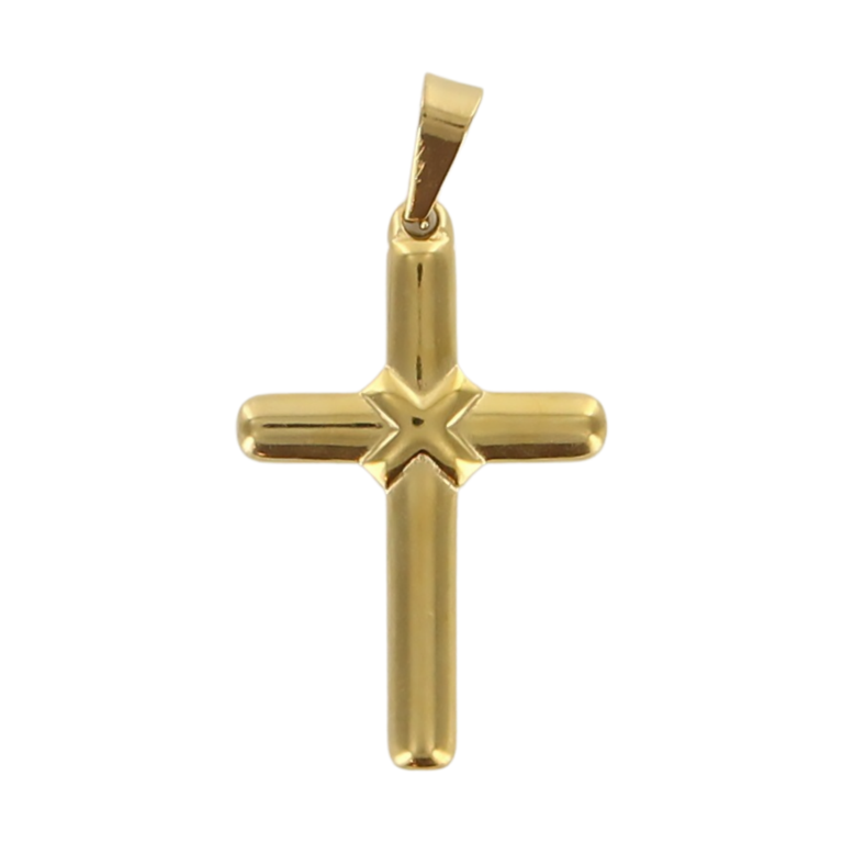 Croix de cou torsadée couleur dorée en acier inoxydable H. 2,7 cm.