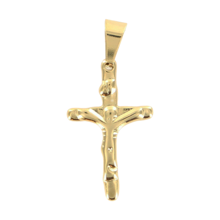 Croix de cou avec Christ couleur dorée en acier inoxydable H. 3,2 cm.