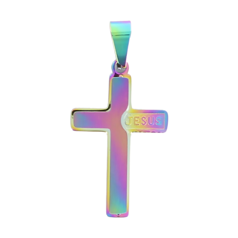 Croix de cou couleur arc en ciel, texte gravé : Jésus, en acier inoxydable H. 3 cm.