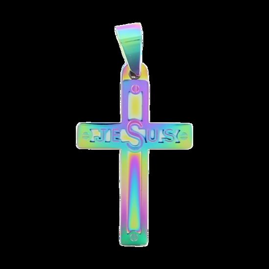 Croix de cou couleur arc en ciel, texte découpé : Jésus, en acier inoxydable H. 3,1 cm.