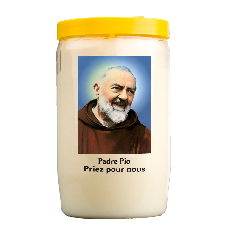 Veilleuse blanche 3 jours Ø 5,8 cm  h. 9,7 cm avec autocollant du Padre Pio