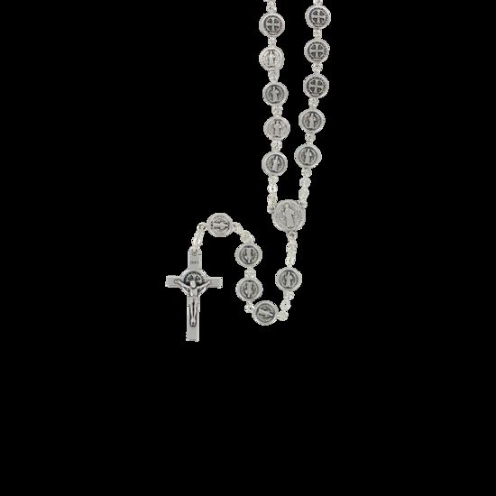 Chapelet métal saint Benoît, grains Ø 9 mm sur chaîne couleur argentée, longueur au cœur 38 cm, croix avec Christ plus boîte.