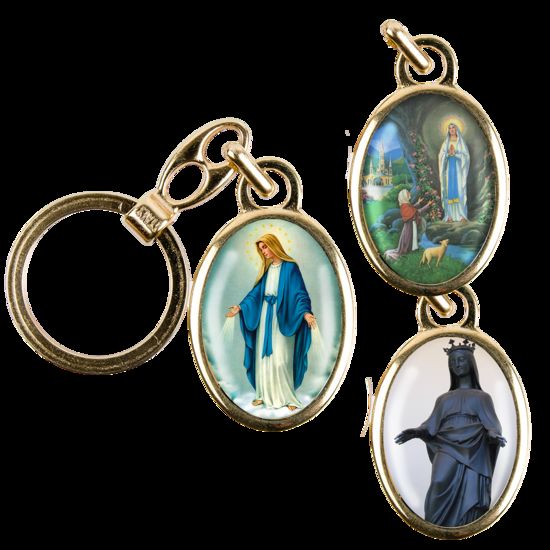 Porte-clés en métal couleur dorée H. 3,8 cm avec résine couleur des saints.