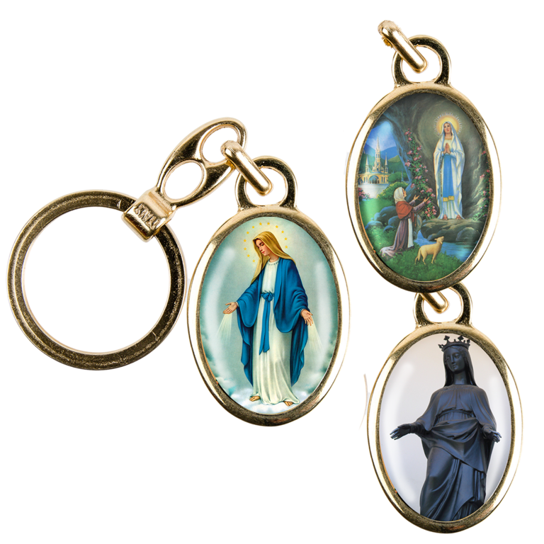 Porte-clés en métal couleur dorée H. 3,8 cm avec résine couleur des saints.