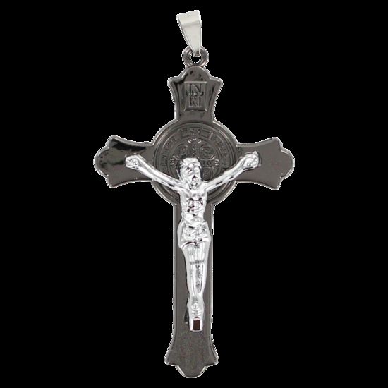 Croix de saint Benoît anthracite avec Christ en métal couleur argentée, hauteur 6 cm.
