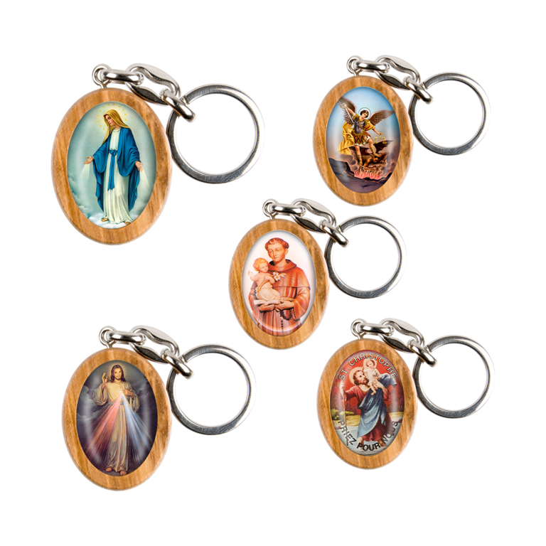 Porte-clés en bois d'olivier H. 3,8 cm avec résine couleur des saints.