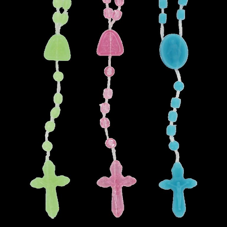 Chapelet couleurs assorties grains plastique sur corde, Ø 4 mm, coeur fermoir, longueur au cœur 22 cm, croix avec Christ.