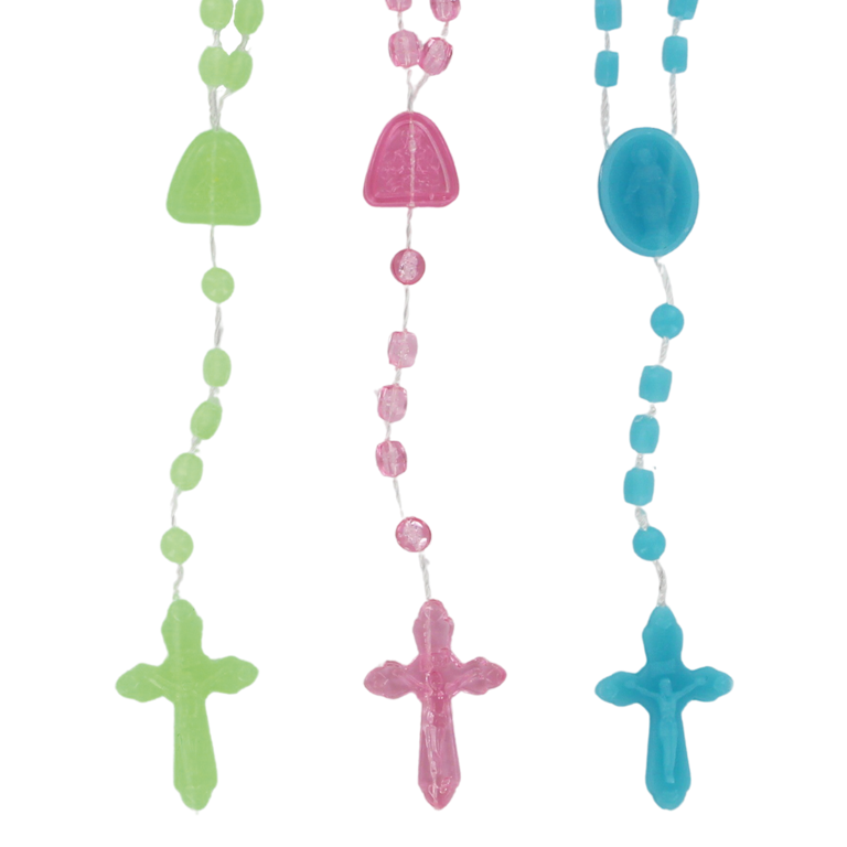 Chapelet sur corde grains en plastique couleurs assorties Ø 4 mm, coeur fermoir, longueur au cœur 22 cm, croix avec Christ.