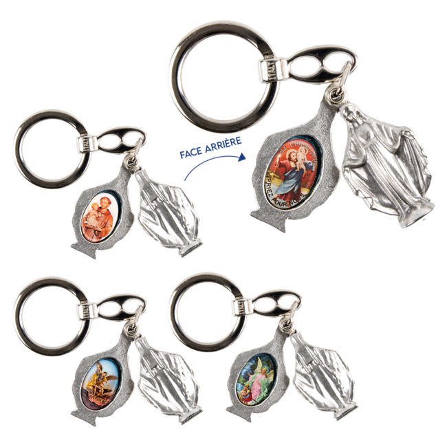 Porte-clés statuette de la Vierge Miraculeuse ouvrant en métal couleur argentée H. 4,5 cm double résine, plusieurs saints.