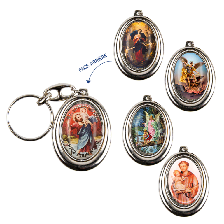 Porte-clés H. 4,5 cm pivotant en métal couleur argentée double résine, plusieurs saints.