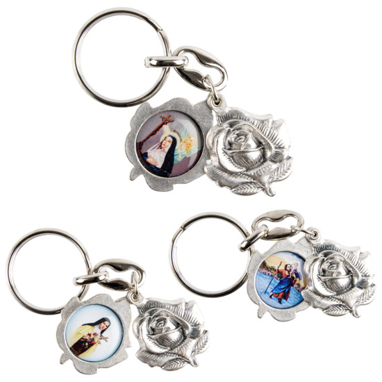 Porte-clés ouvrant forme rose Ø 2,5 cm en métal couleur argentée avec une résine, plusieurs saints.