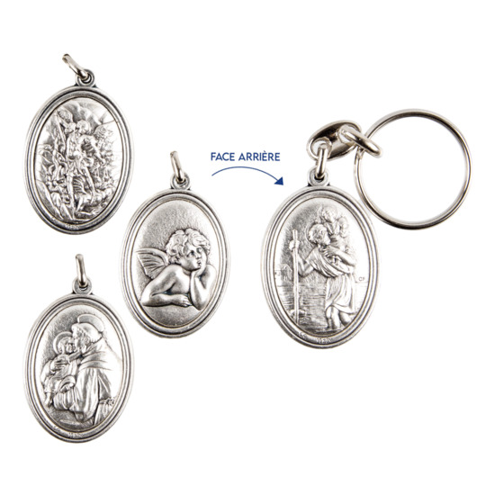 Porte-clés H. 3,7 cm en métal couleur argentée forme ovale double face, plusieurs saints.