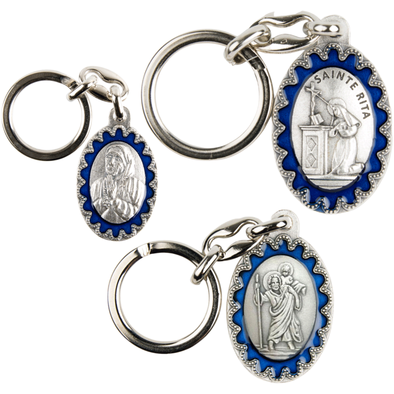 Porte-clés H. 3,8 cm en métal émaillé bleu, plusieurs saints.