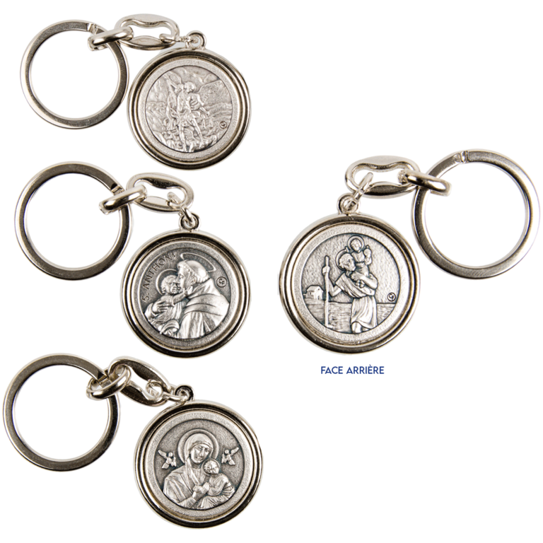 Porte-clés Ø 3 cm métal couleur argentée double face des saints.