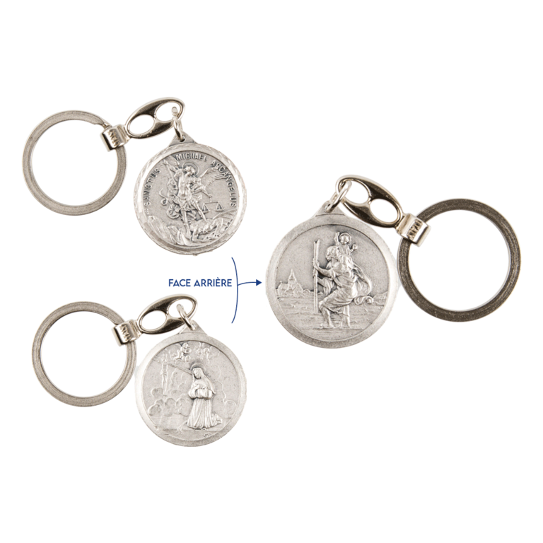 Porte-clés double face en métal couleur argentée Ø 3,2 cm saint Christophe et un saint.