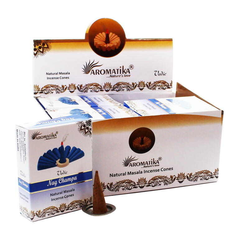 Boîte de 12 paquets de 10 cônes d'encens Aromatika "Massala"  100% naturel (17 grammes) avec brûleur.