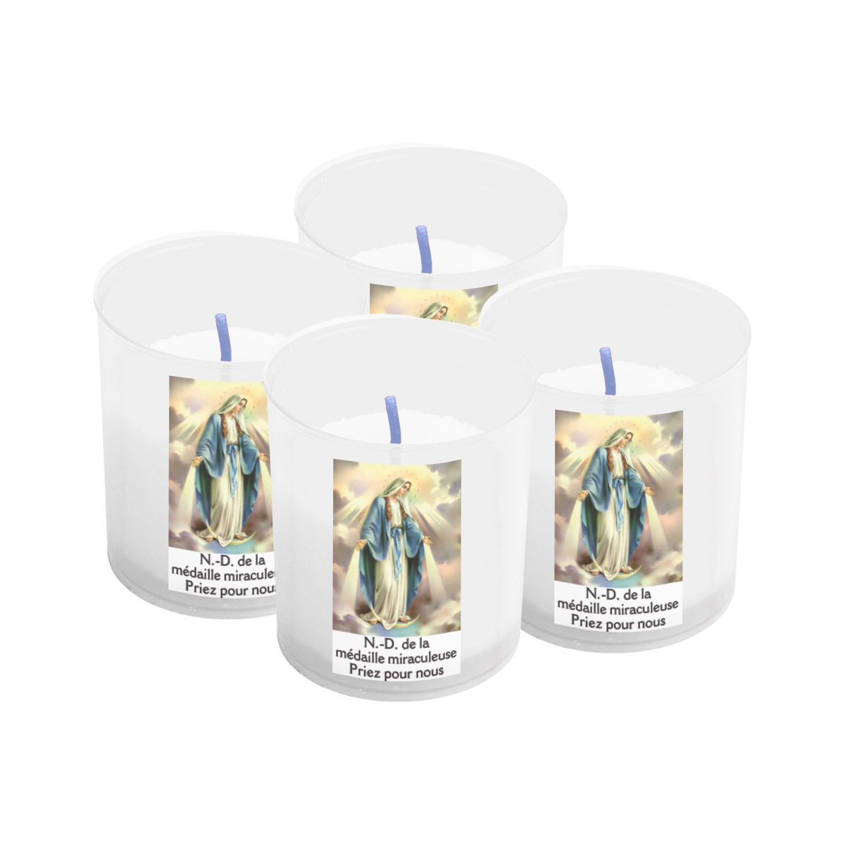 Sachet de 4 bougies blanches 20 heures, Ø 5,1 cm H. 6 cm avec autocollant de saint.