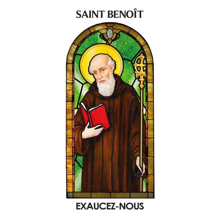 Autocollant Transparent "vitrail" avec prière 10.5x6.5 cm pour bougie de neuvaine de saint Benoît.