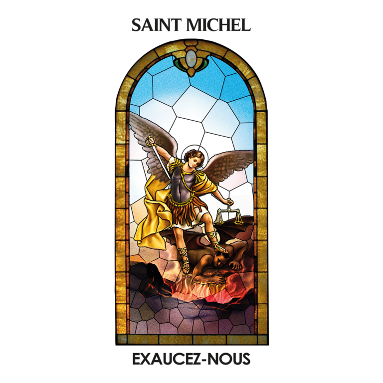 Autocollant Transparent "vitrail" avec prière 10.5x6.5 cm pour bougie de neuvaine de saint Michel.