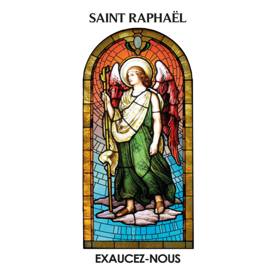 Autocollant Transparent "vitrail" avec prière 10.5x6.5 cm pour bougie de neuvaine de saint Raphaël.