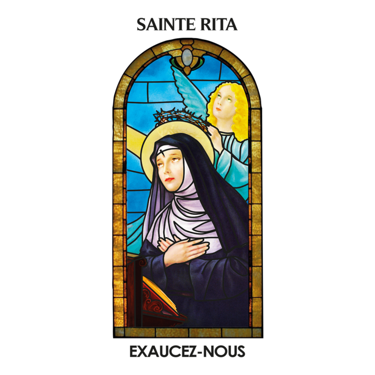 Autocollant Transparent "vitrail" avec prière 10.5x6.5 cm pour bougie de neuvaine de sainte Rita.