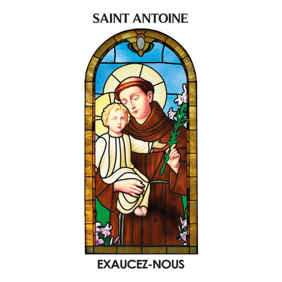 Autocollant BLANC "vitrail" avec prière 10.5x 6.5 cm pour bougie de neuvaine de saint Antoine.